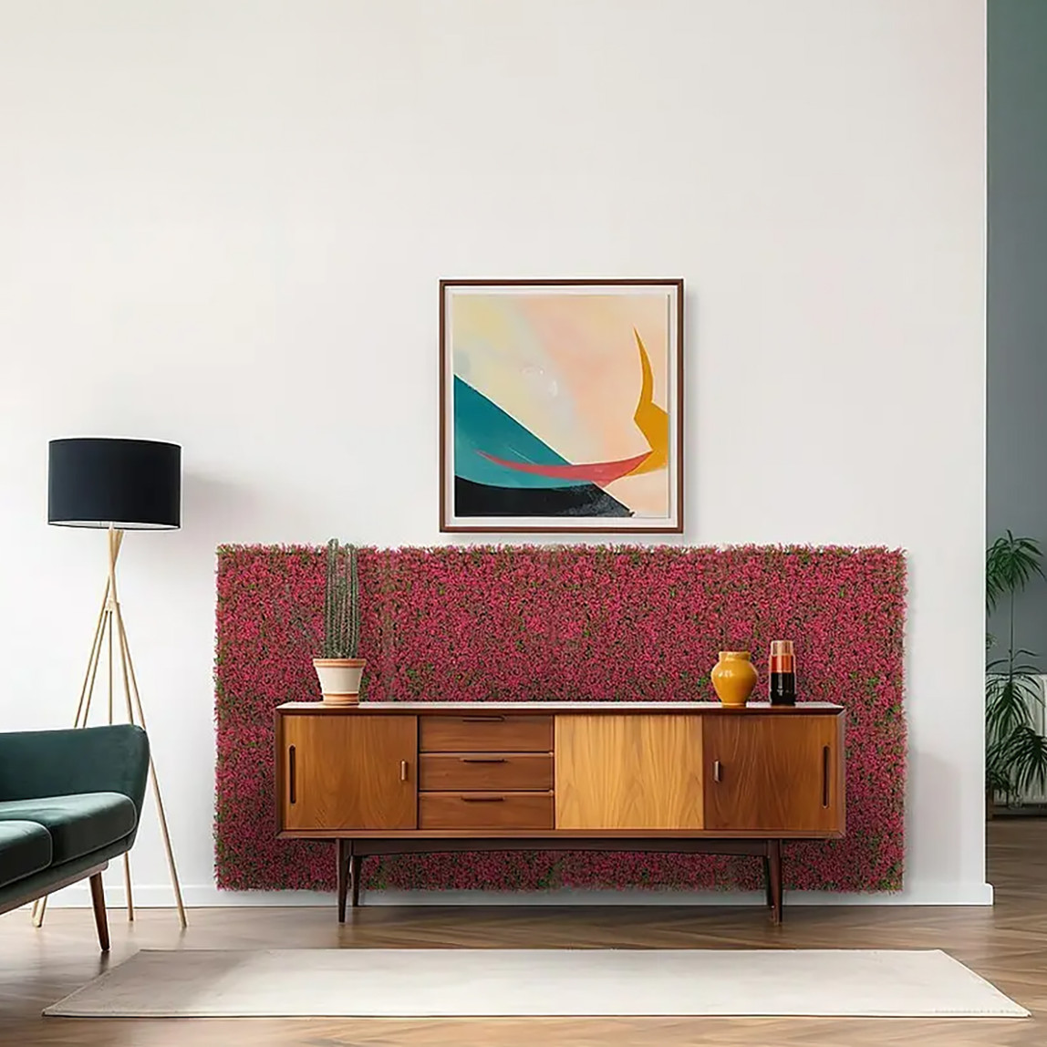    Yapay Bitki Kaplamalı Duvar Paneli Pembe Yeşil Çim 