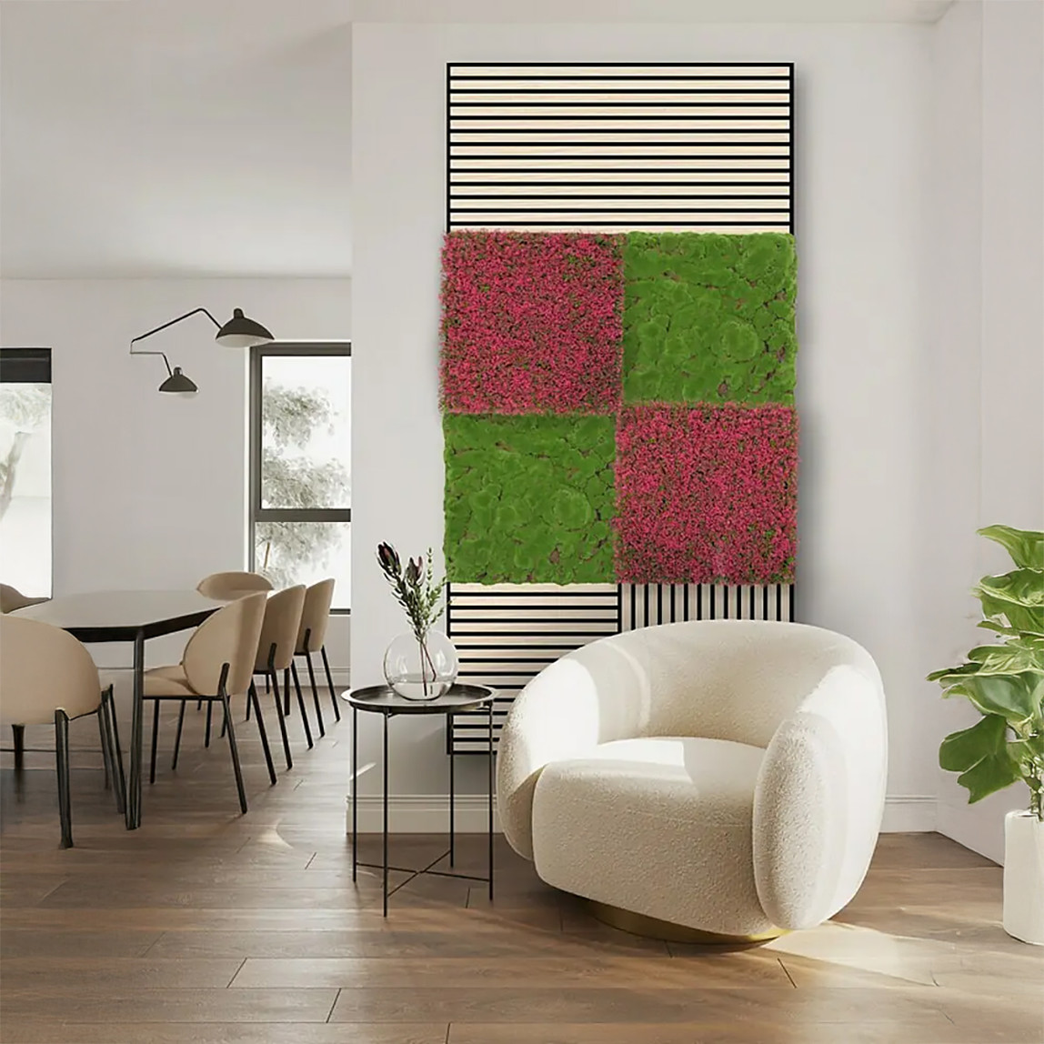    Yapay Bitki Kaplamalı Duvar Paneli Pembe Yeşil Çim 