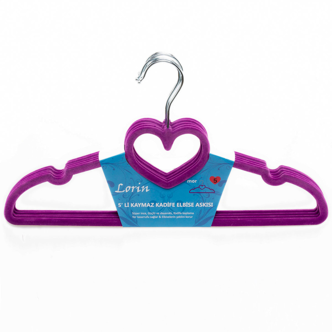    Lorin Kaymaz Kadife Elbise Askısı 5'li Mor 