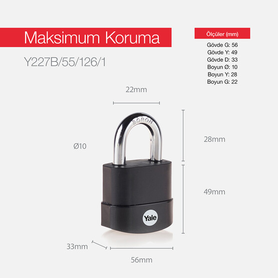 Yale 55mm Protector Zor Hava Şartlarına Dayanıklı Asma Kilit -  Yarı Açık Blister 