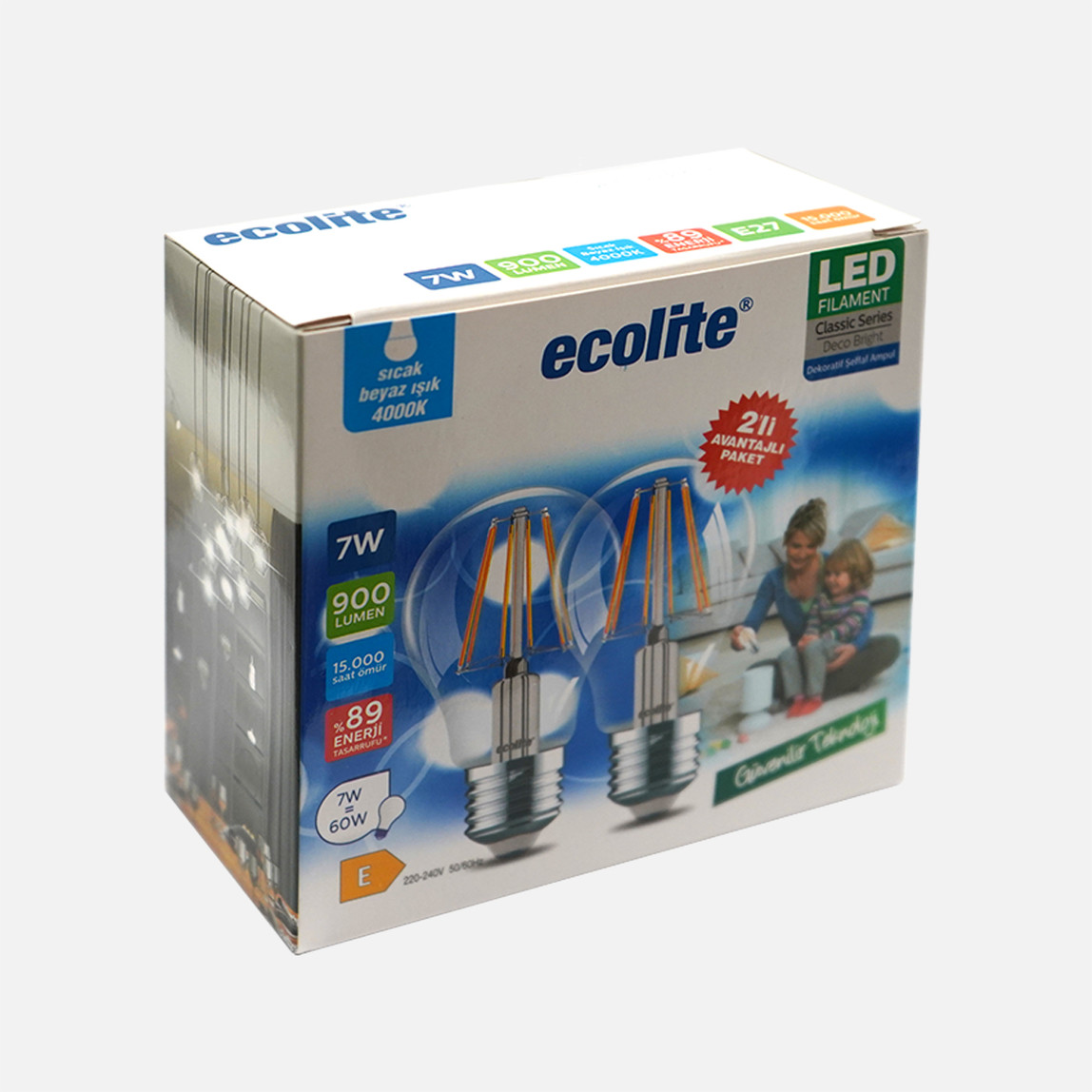    Ecolite Filament A60 7W Led 2'li Paket SIcak Beyaz Işık 4000K 