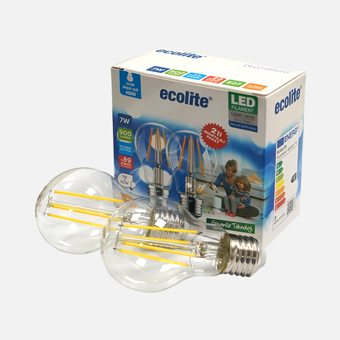    Ecolite Filament A60 7W Led 2'li Paket SIcak Beyaz Işık 4000K 