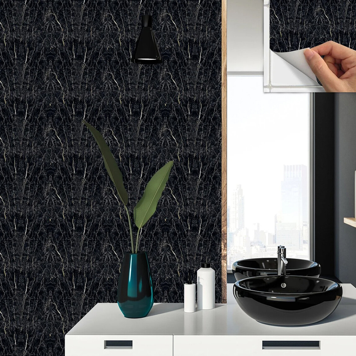    Tink Mermer Desenli Siyah Duvar PVC Karo 30 x 30 cm  