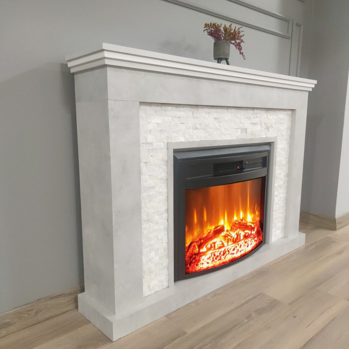    Dlc Retro Beyaz Taşlı 1800W Beton Desen Dekoratif Şömine  