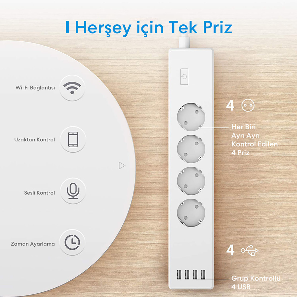    Meross Akıllı Çoklu Priz 4 Güç + 4 Usb 