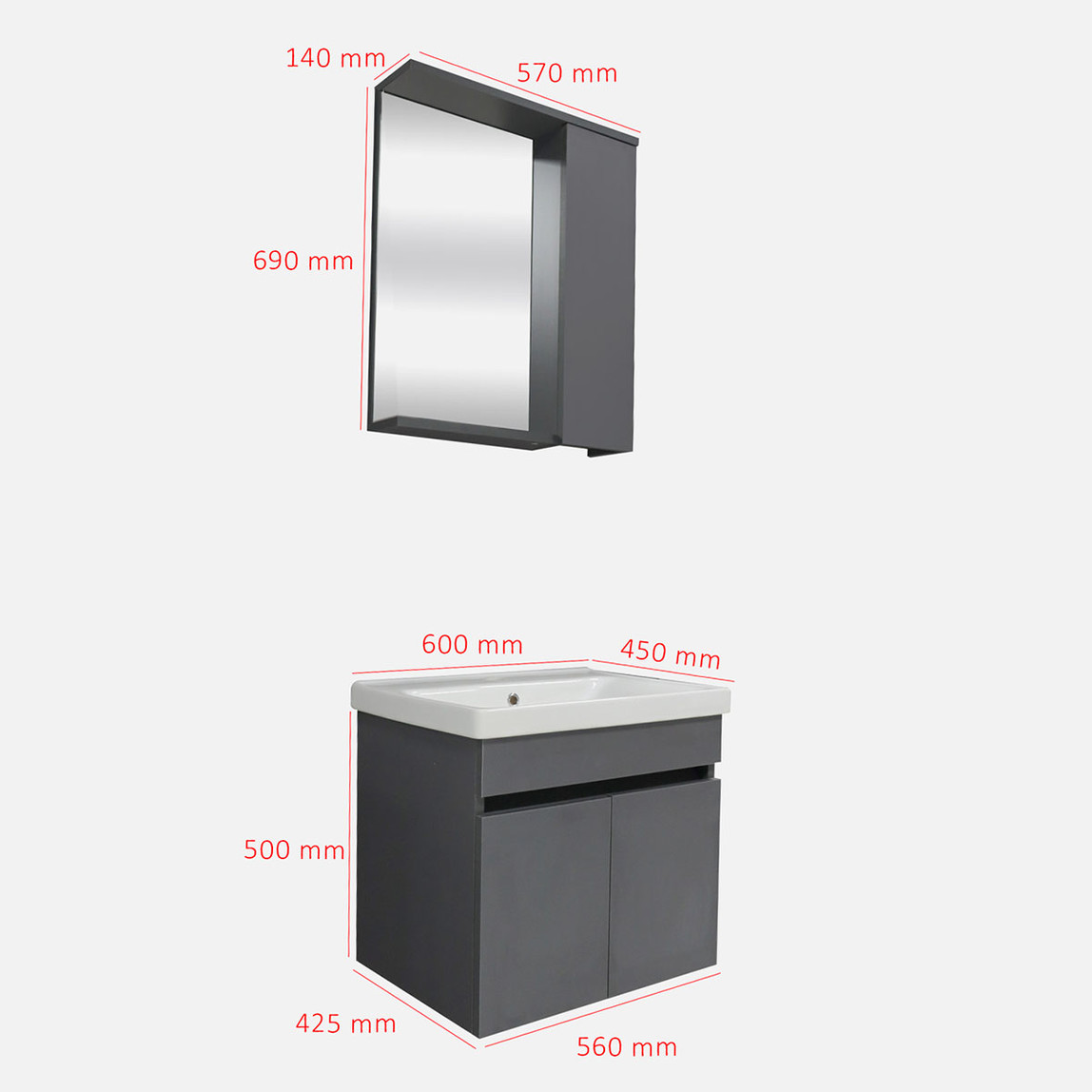    Arya Aynalı 60 cm Takım Banyo Dolabı Antrasit 