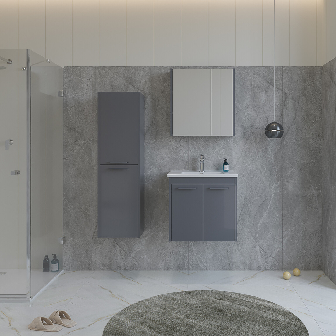    Bonitobagno Coste Aynalı 65 cm Banyo Dolabı Üst Modül Antrasit 