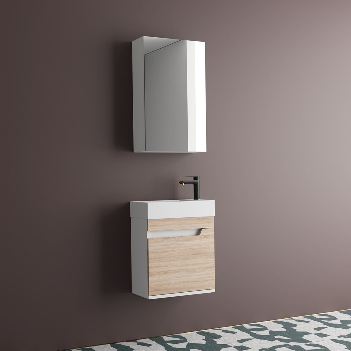    Gold Banyo Luna Aynalı 45 cm Takım Banyo Dolabı Beyaz-Ceviz 