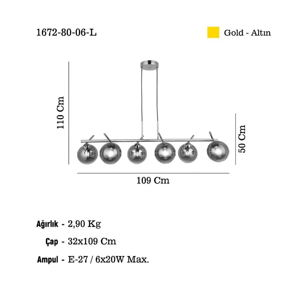    Bena Kobalt Metal 6'lı Sıralı Avize 