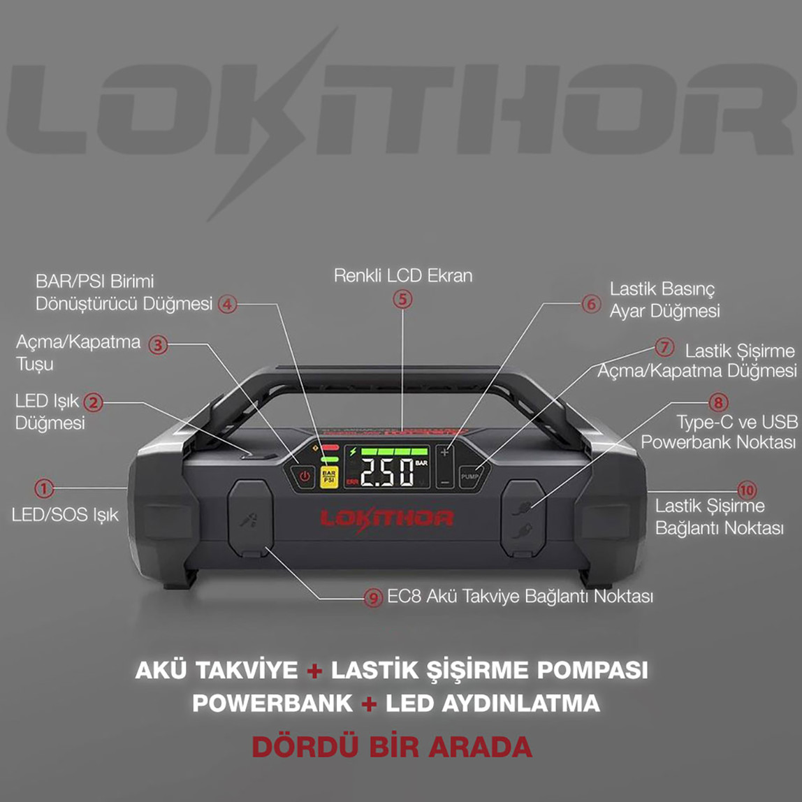    Lokithor JA2500 12V 2500 Amp LiFePO4 Akıllı Akü Takviye-Pompa-Powerbank-Led Lamba 