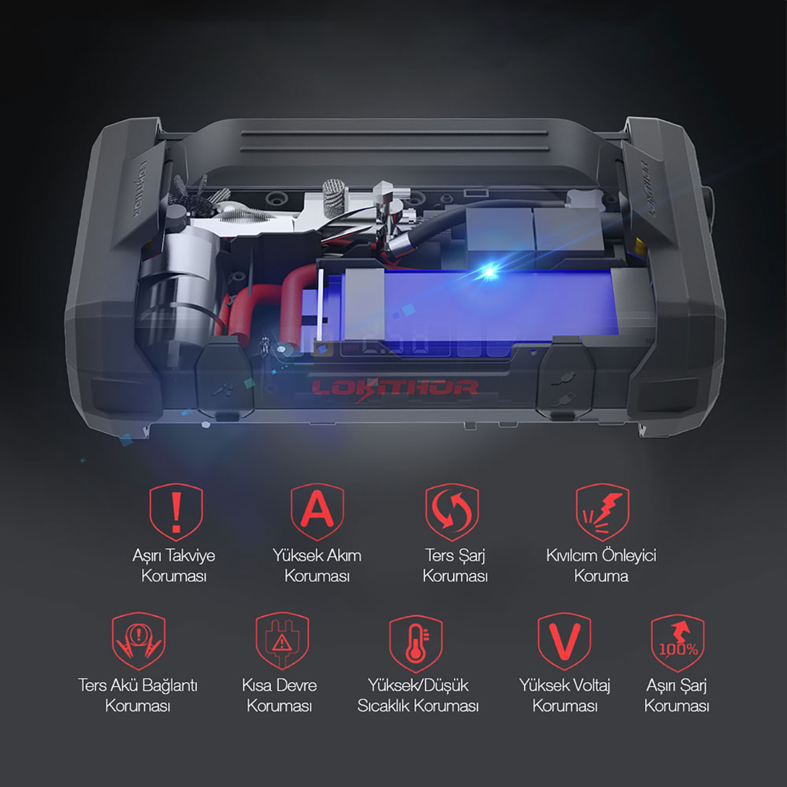    Lokithor JA2500 12V 2500 Amp LiFePO4 Akıllı Akü Takviye-Pompa-Powerbank-Led Lamba 