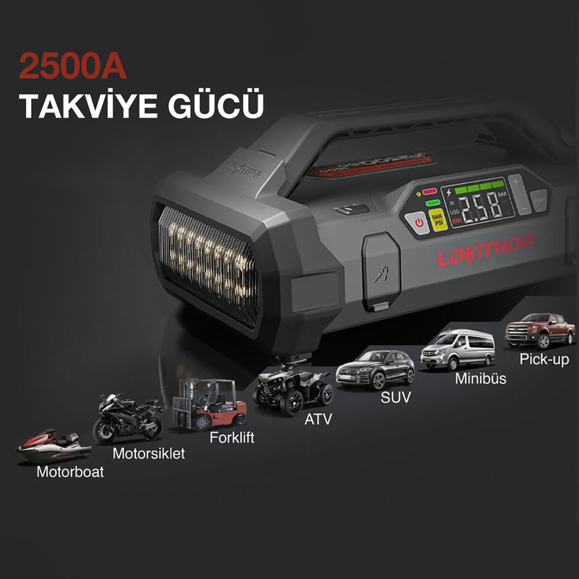    Lokithor JA2500 12V 2500 Amp LiFePO4 Akıllı Akü Takviye-Pompa-Powerbank-Led Lamba 