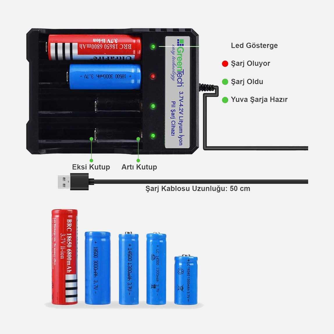    Greentech 3.7 4.2 Lityum İyon Pil Şarj Cihazı Dört Yuvalı 
