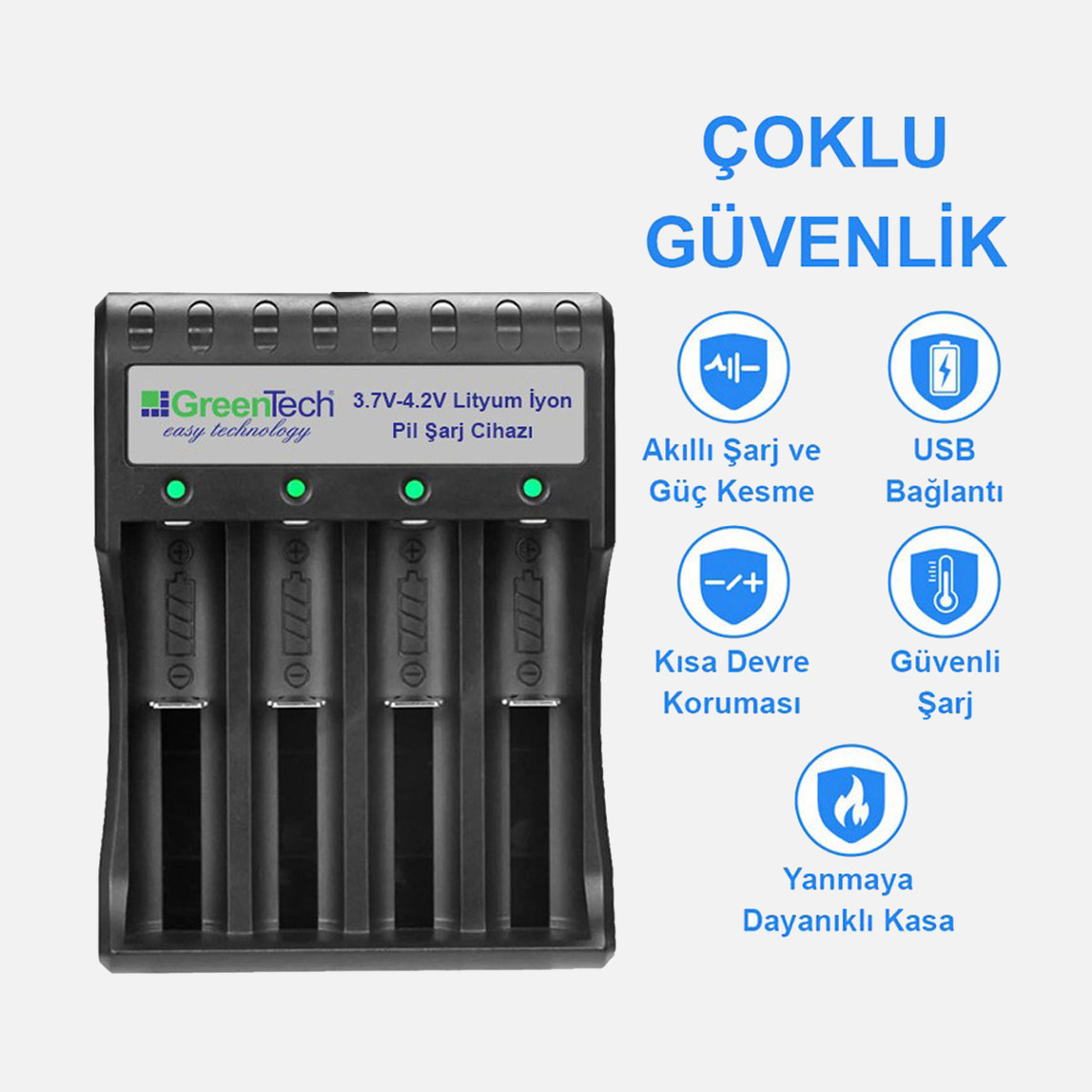    Greentech 3.7 4.2 Lityum İyon Pil Şarj Cihazı Dört Yuvalı 