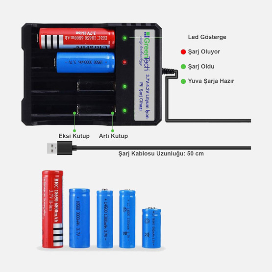 Greentech 3.7 4.2 Lityum İyon Pil Şarj Cihazı Dört Yuvalı