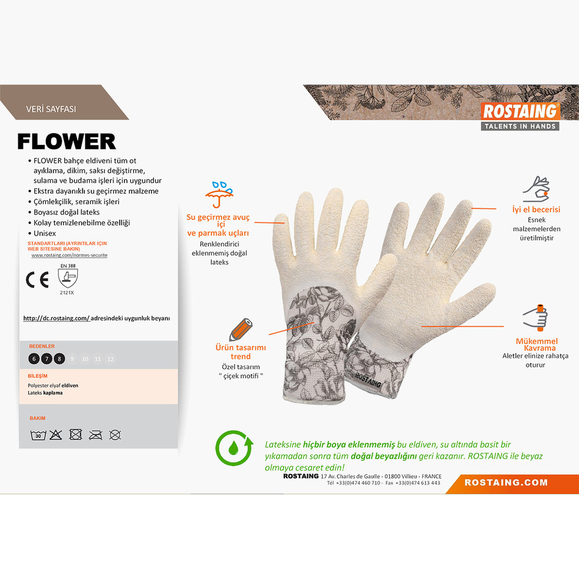    Rostaing FLOWER-IT06 Bahçe Ekim Dikim Eldiveni No:6 - XS 