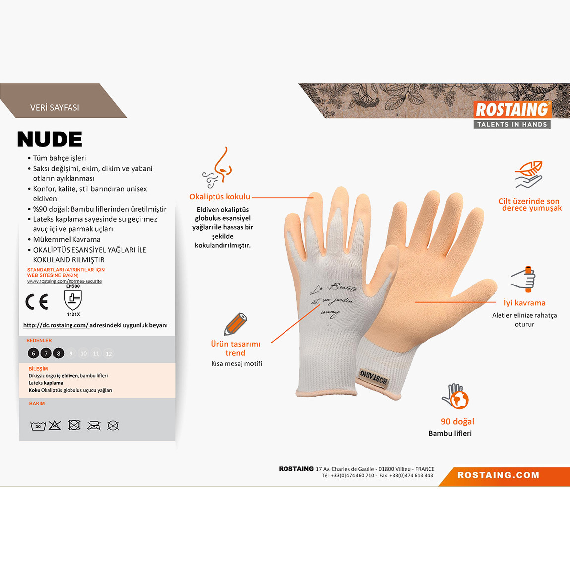    Rostaing NUDE-IT08 Bahçe, Saksı Dikim ve Yabani Ot Eldiveni No:8 - M 