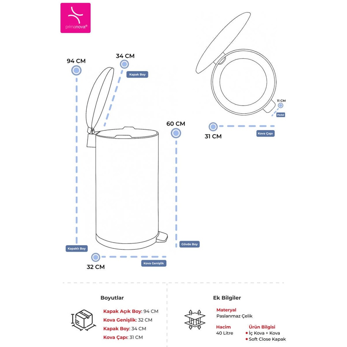    Bombe Kapaklı Çöp Kovası 40L Mat Siyah 
