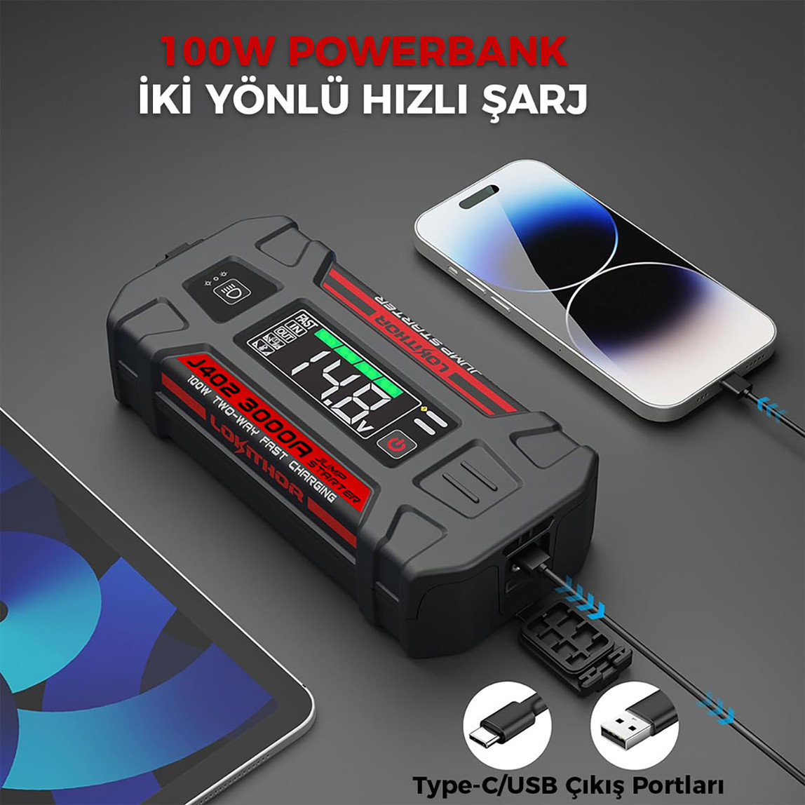    Lokithor J402 12V 3000Amp Li-Polimer Akıllı Akü Takviye Cihazı (Powerbank - Led Lamba) 