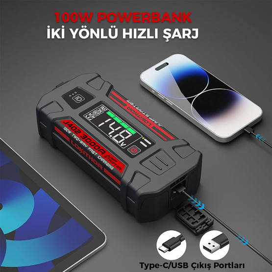 Lokithor J402 12V 3000Amp Li-Polimer Akıllı Akü Takviye Cihazı (Powerbank - Led Lamba)