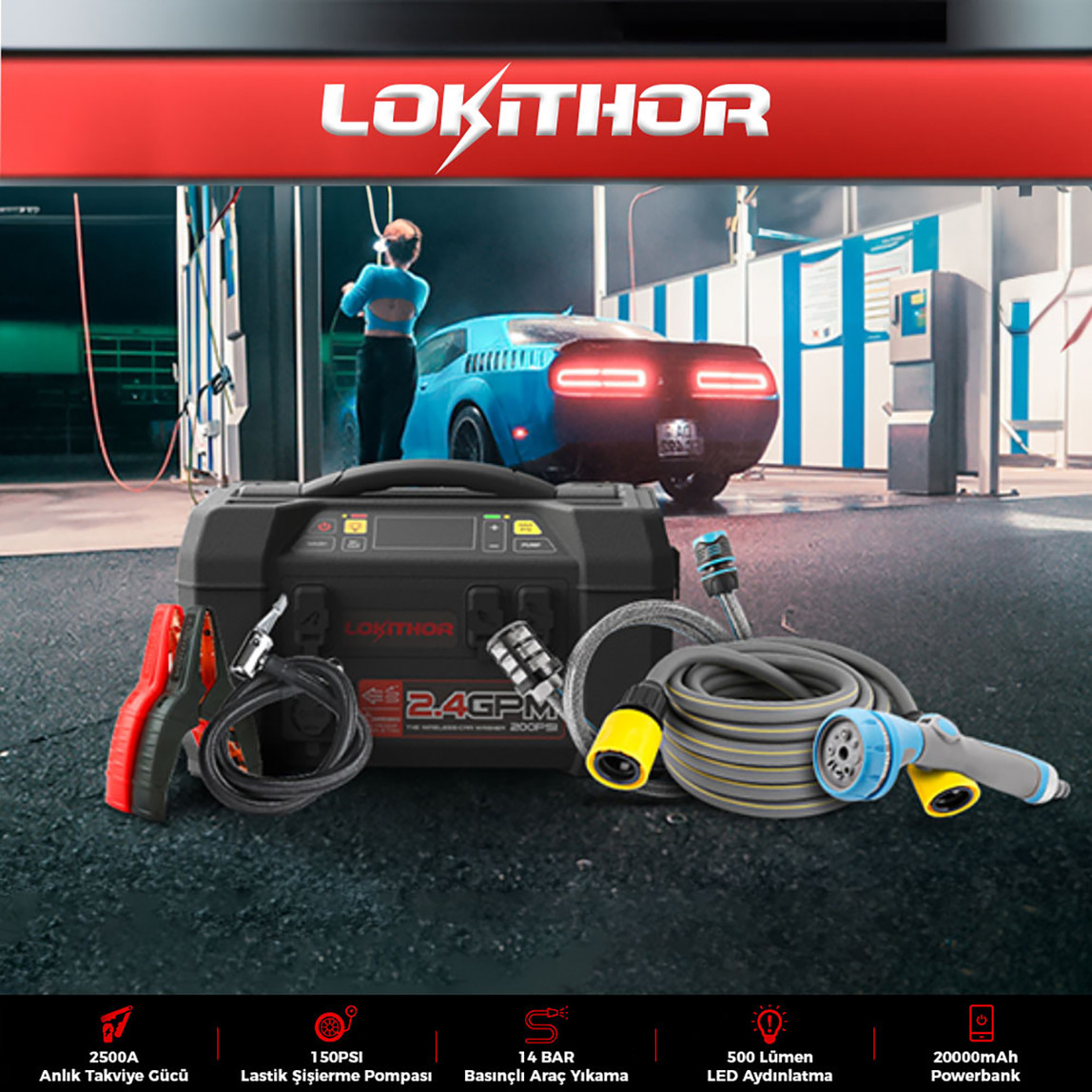    Lokithor AW401 12V 2500Amp Li-Polimer Akıllı Akü Takviye Cihazı (Pompa -Basınçlı Yıkama - Powerbank - Led Lamba) 