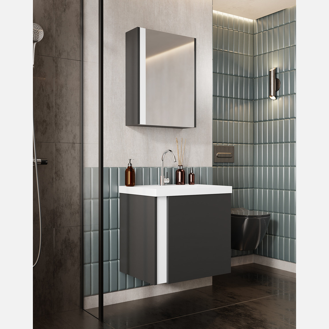    Kemer Aynalı 60 cm Takım Banyo Dolabı Antrasit 