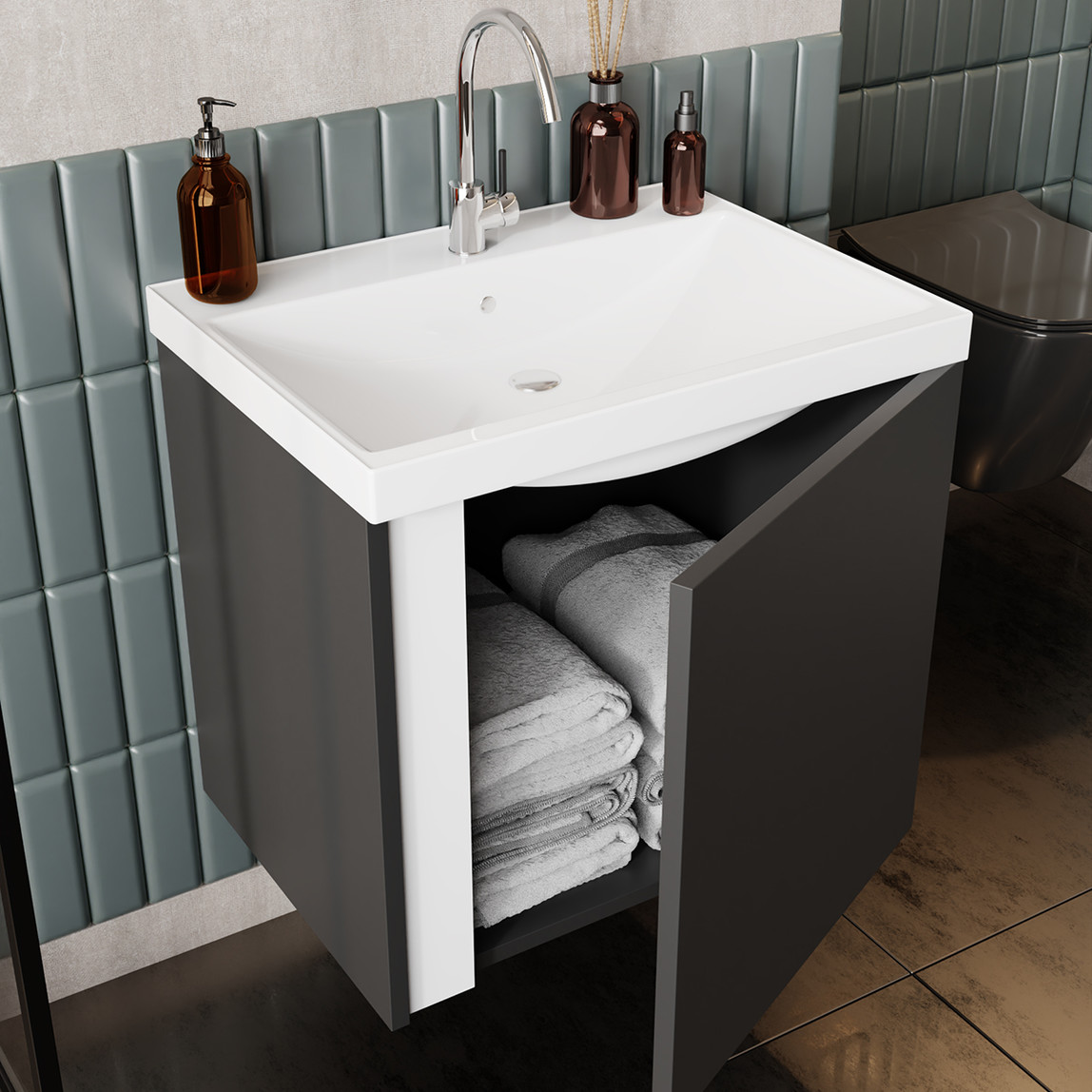    Kemer Aynalı 60 cm Takım Banyo Dolabı Antrasit 