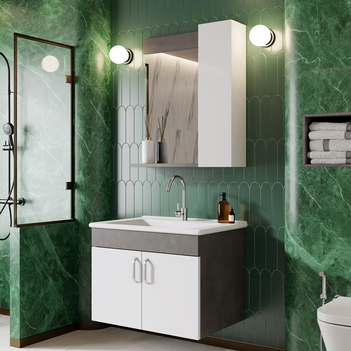    Gümüş Aynalı 65 cm Takım Banyo Dolabı Gümüş-Beyaz 