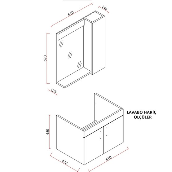 Gümüş Aynalı 65 cm Takım Banyo Dolabı Gümüş-Beyaz
