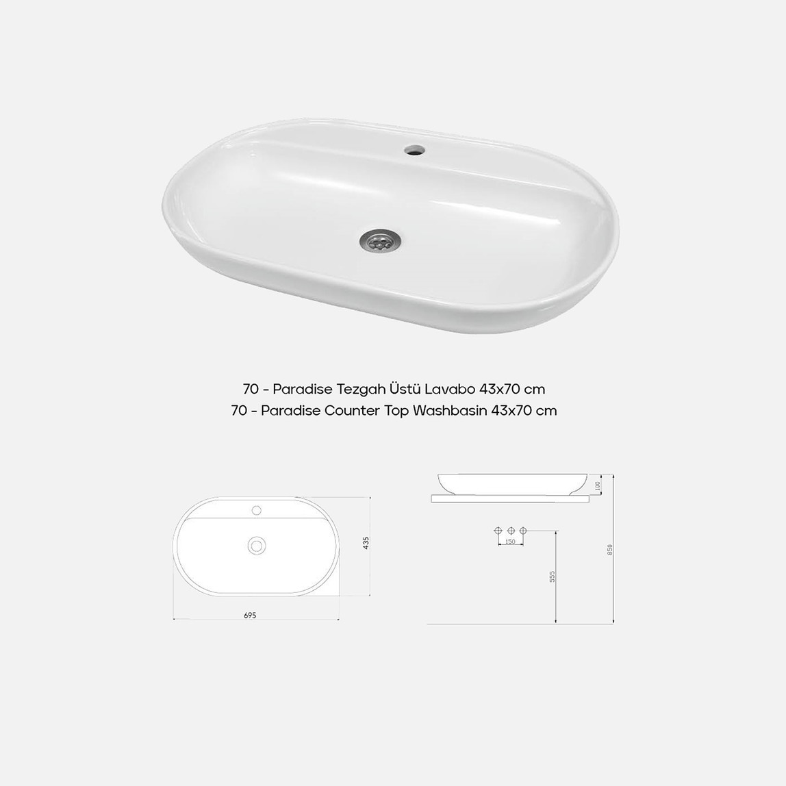    Paradise 70 cm Tezgah Üstü Lavabo 