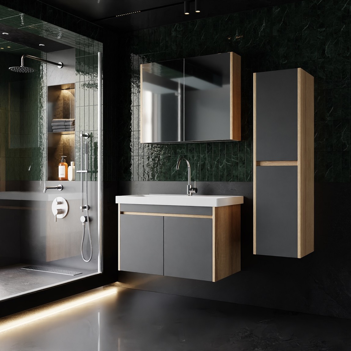    Dallas Aynalı 80 cm Takım Banyo Dolabı Somono Meşe-Antrasit 