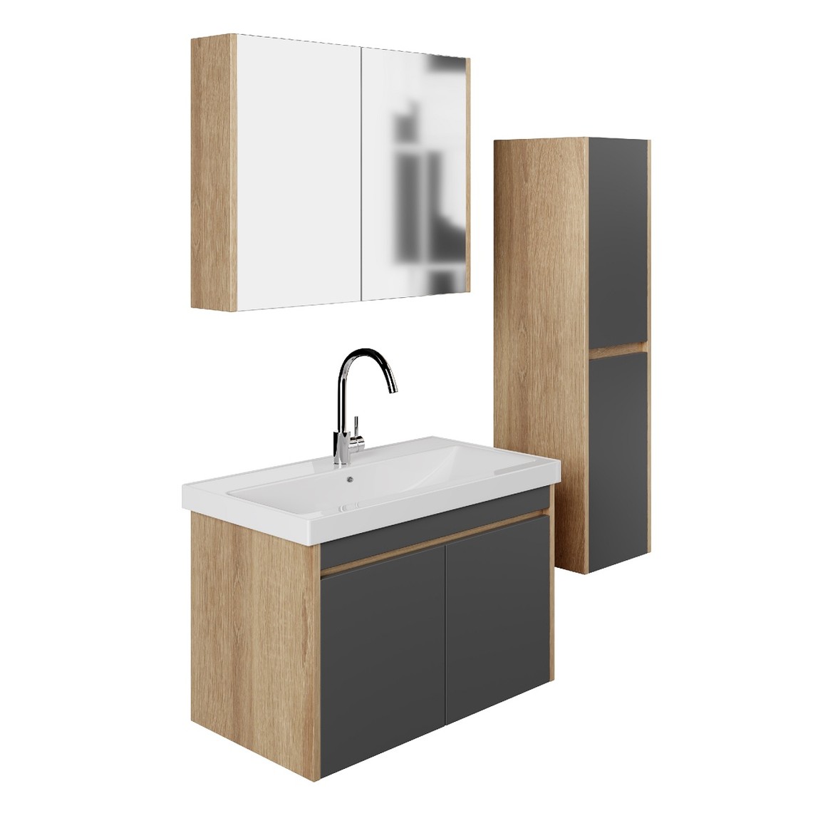    Dallas Aynalı 80 cm Takım Banyo Dolabı Somono Meşe-Antrasit 