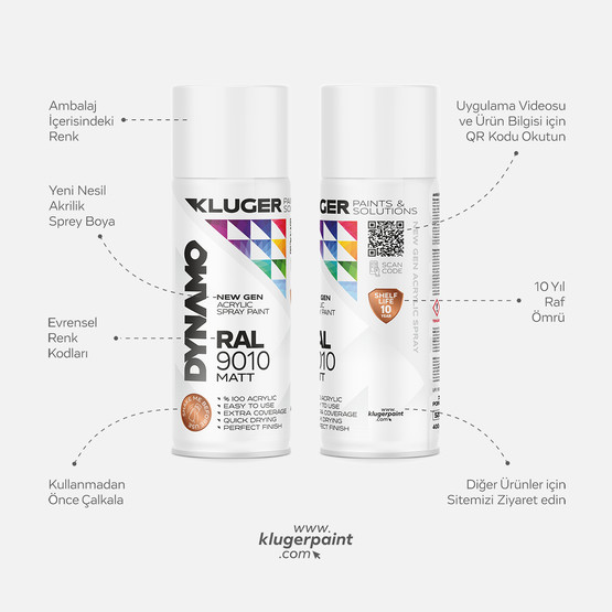 Kluger Dynamo Akrilik Düz Sprey Boya Mat Beyaz RAL 9010 400 ML
