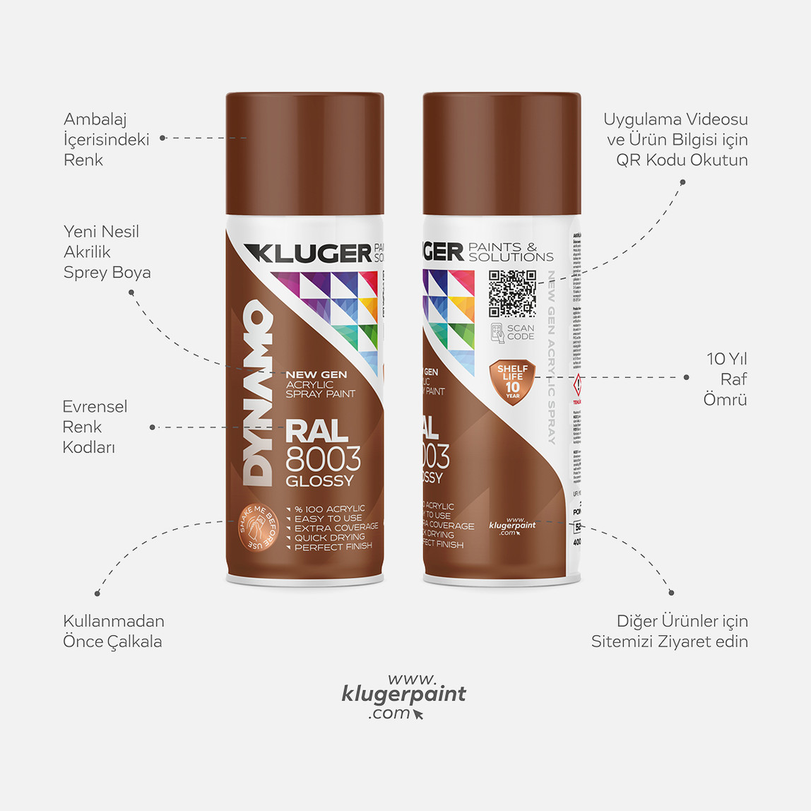    Kluger Dynamo Akrilik Düz Sprey Boya Açık Kahve RAL 8003 400 ML

 