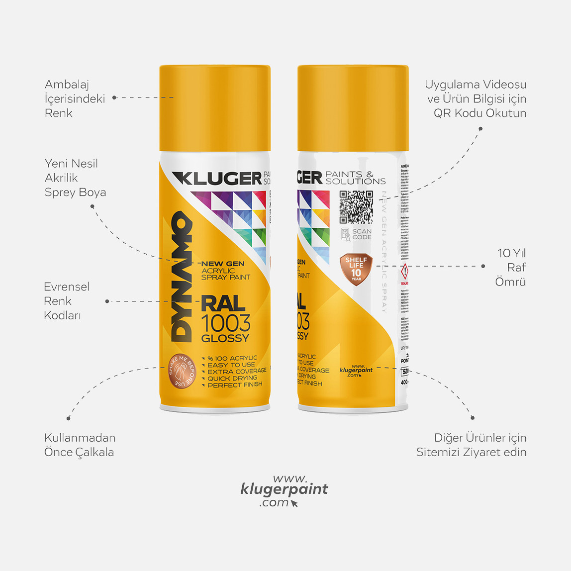    Kluger Dynamo Akrilik Düz Sprey Boya Taksi Sarı RAL 1003 400 ML

 