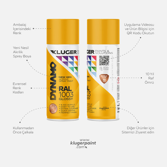 Kluger Dynamo Akrilik Düz Sprey Boya Taksi Sarı RAL 1003 400 ML

