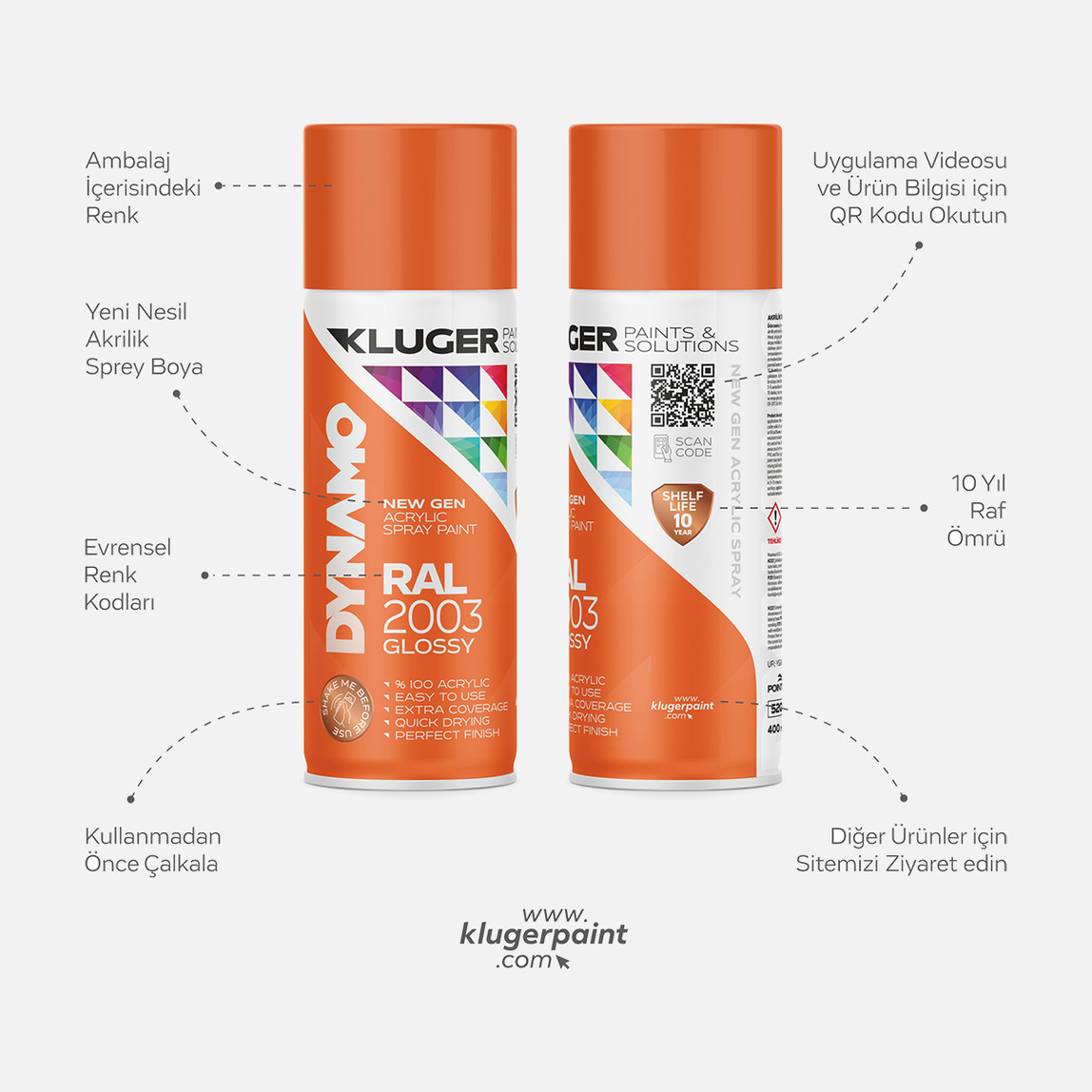    Kluger Dynamo Akrilik Düz Sprey Boya Turuncu RAL 2003 400 ML 