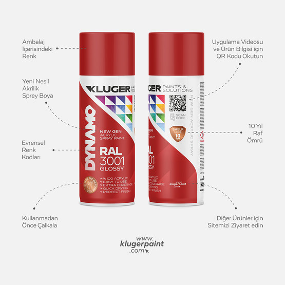 Kluger Dynamo Akrilik Düz Sprey Boya Kırmızı RAL 3001 400 ML

