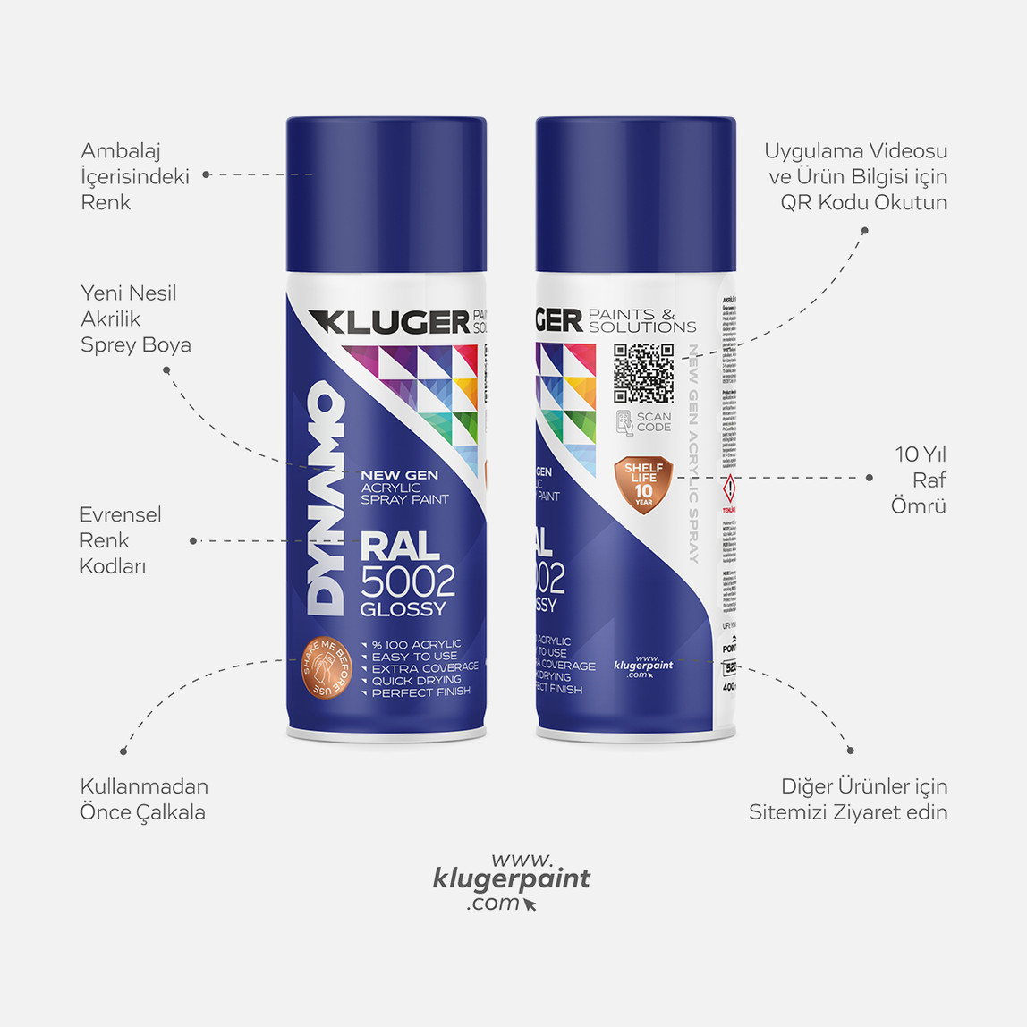    Kluger Dynamo Akrilik Düz Sprey Boya Lacivert RAL 5002 400 ML 