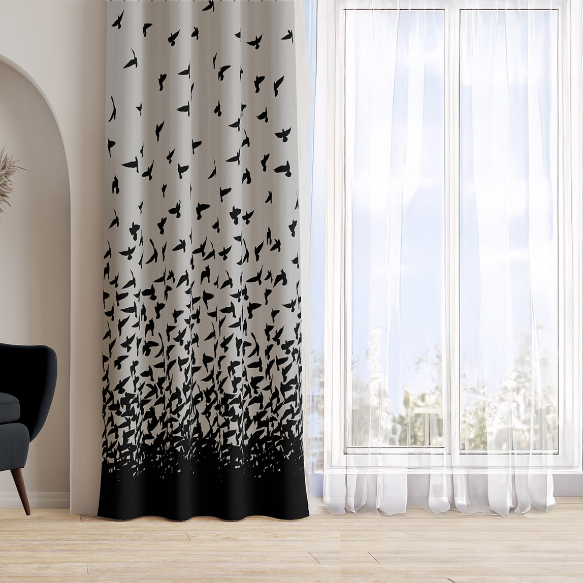    AYShome Kuş Desenli Gri Fon Perde 