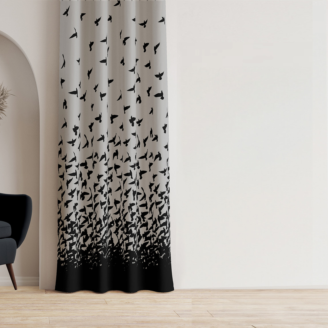    AYShome Kuş Desenli Gri Fon Perde 