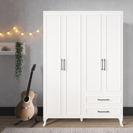 Adore Country 4 Kapaklı 2 Çekmeceli Gardırop-Mat Lake Beyaz