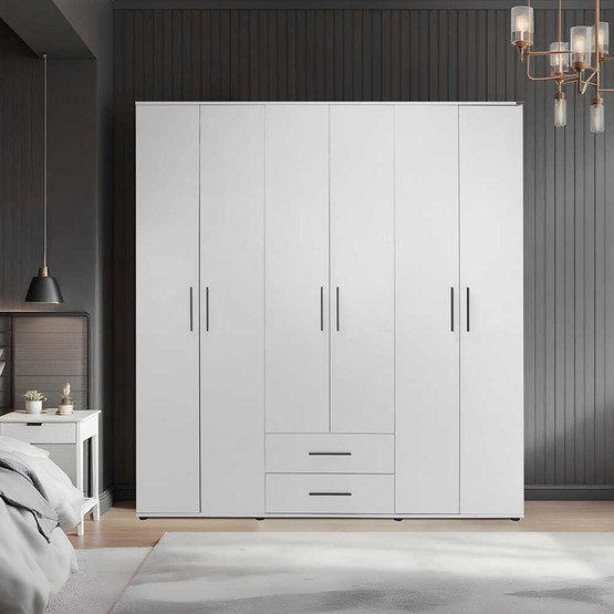 Adore White 6 Kapaklı 2 Çekmeceli Gardırop-Mat Beyaz