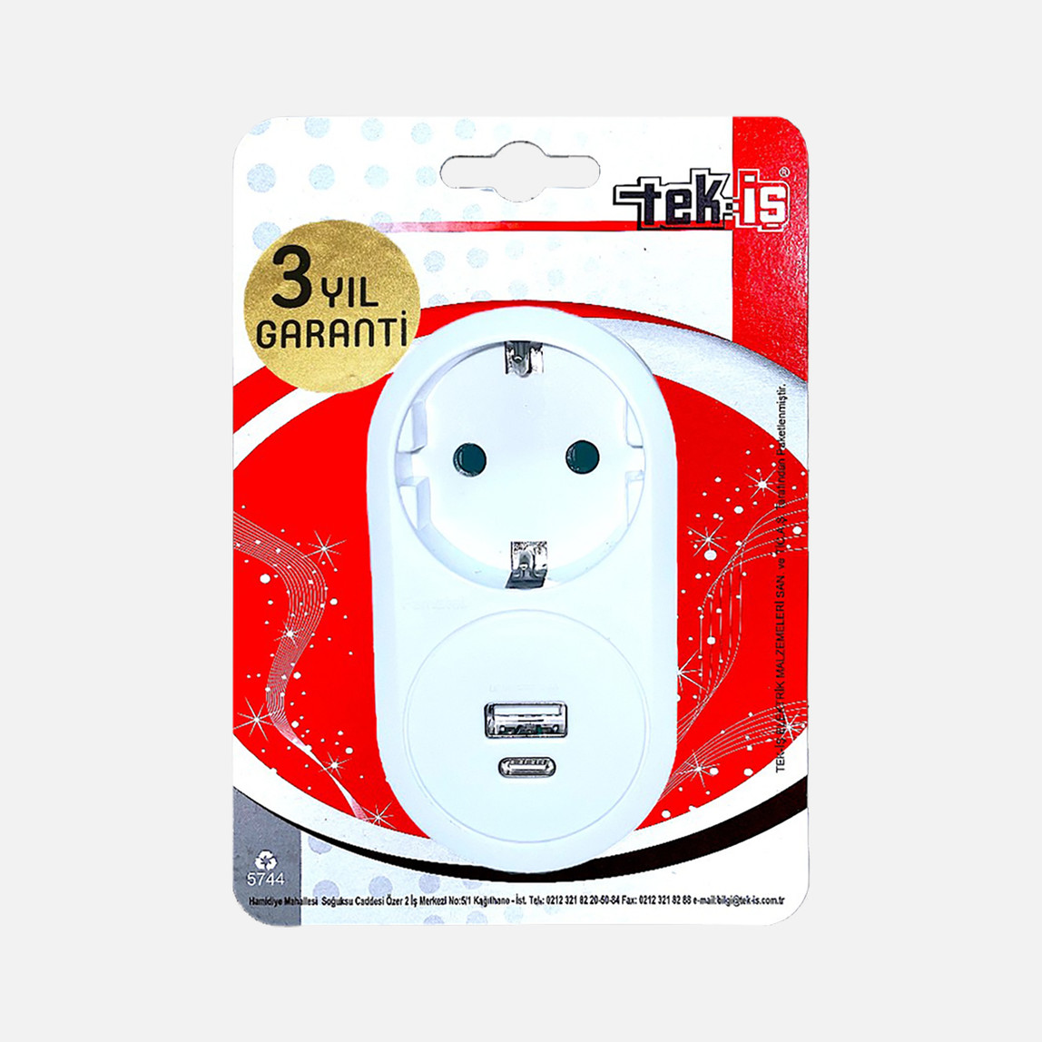    Tek-iş Tekli Priz Topraklı Beyaz 3,4A USB Type-C Çocuk Korumalı 