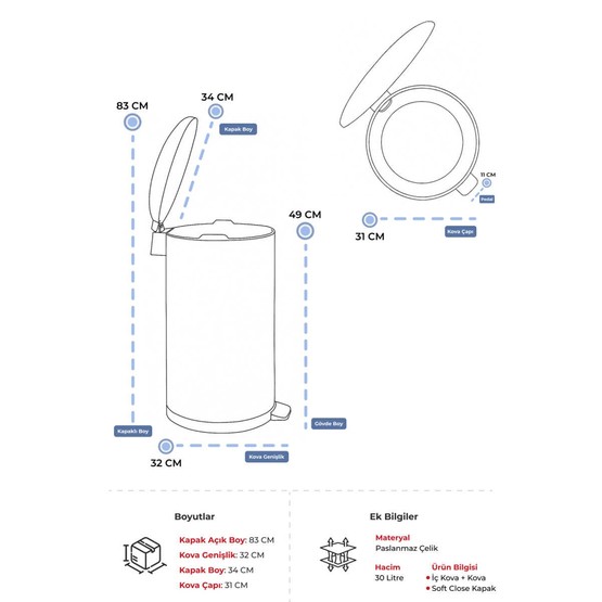 Bombe Kapaklı Çöp Kovası 30L Texture Siyah