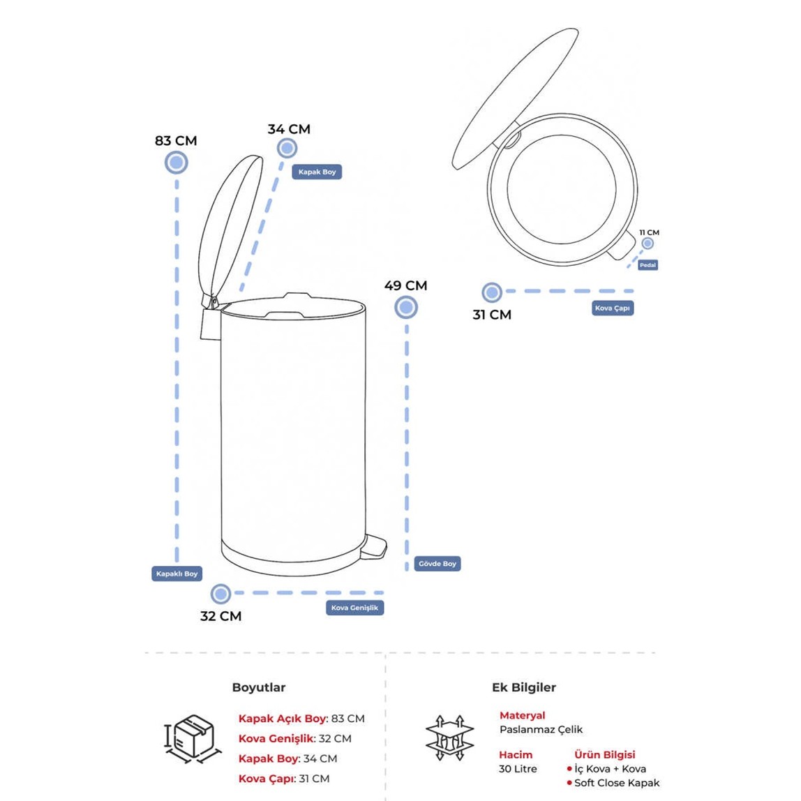    Bombe Kapaklı Çöp Kovası 30L Mat Bej 