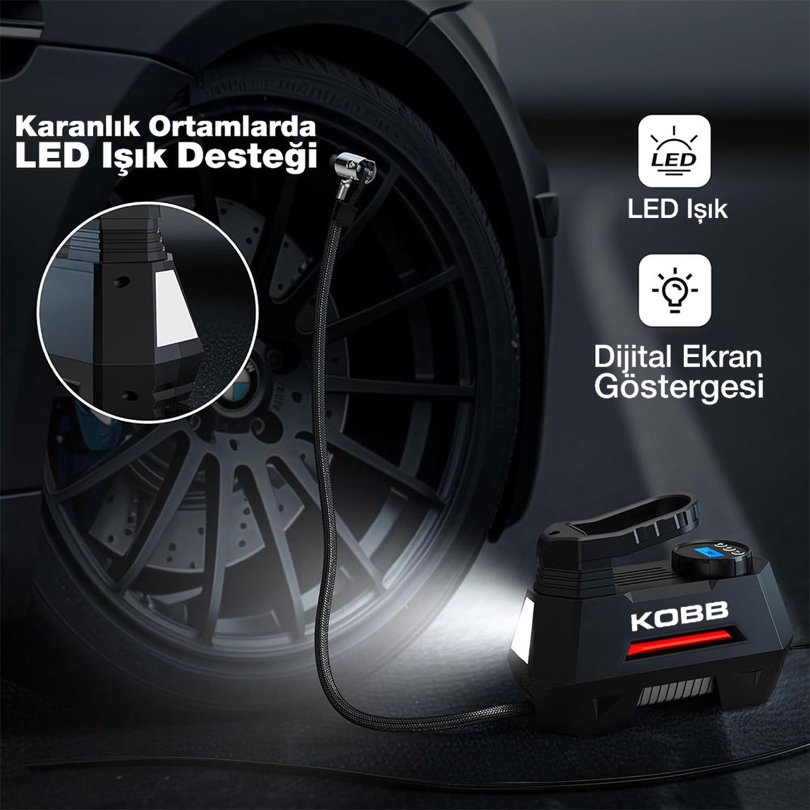    KOBB KB180 12Volt 150 PSI Ayarlanabilir Dijital Basınç Göstergeli Lastik Şişirme Pompası 