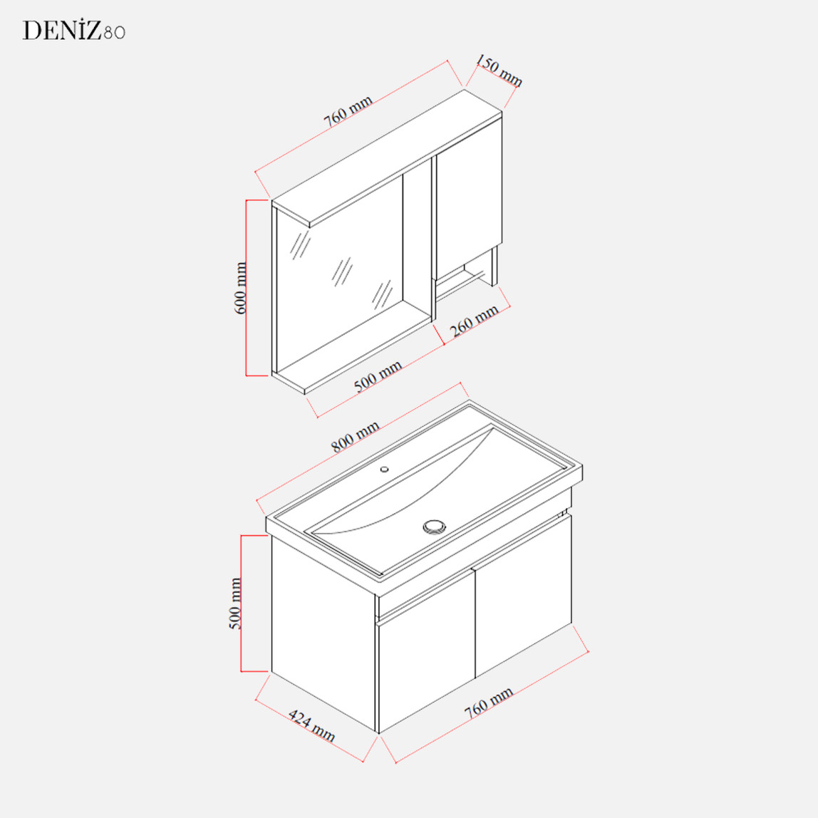    Deniz Aynalı 80 cm Takım Banyo Dolabı Beyaz 