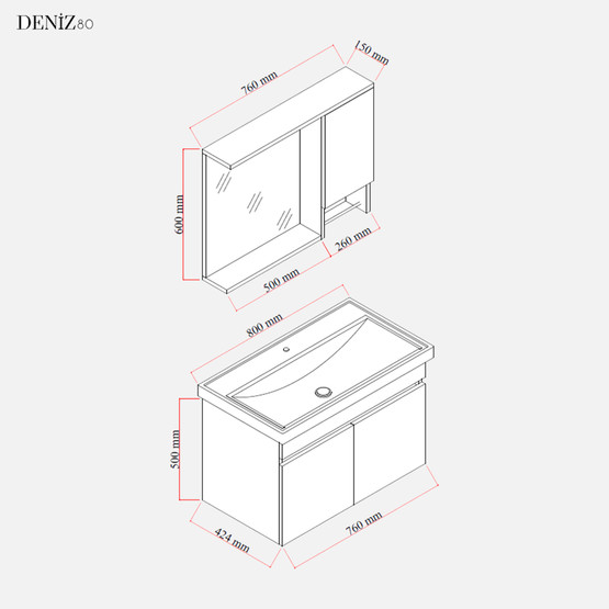 Deniz Aynalı 80 cm Takım Banyo Dolabı Beyaz
