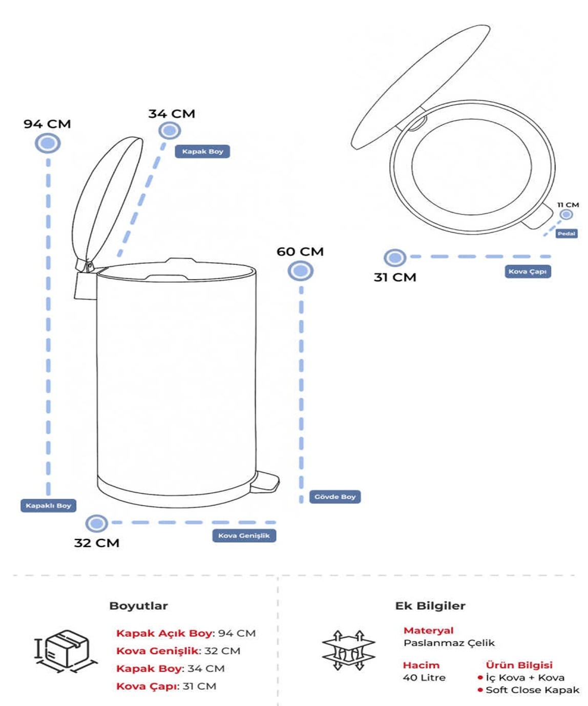    Bombe Kapaklı Çöp Kovası 40L Mat Beyaz 